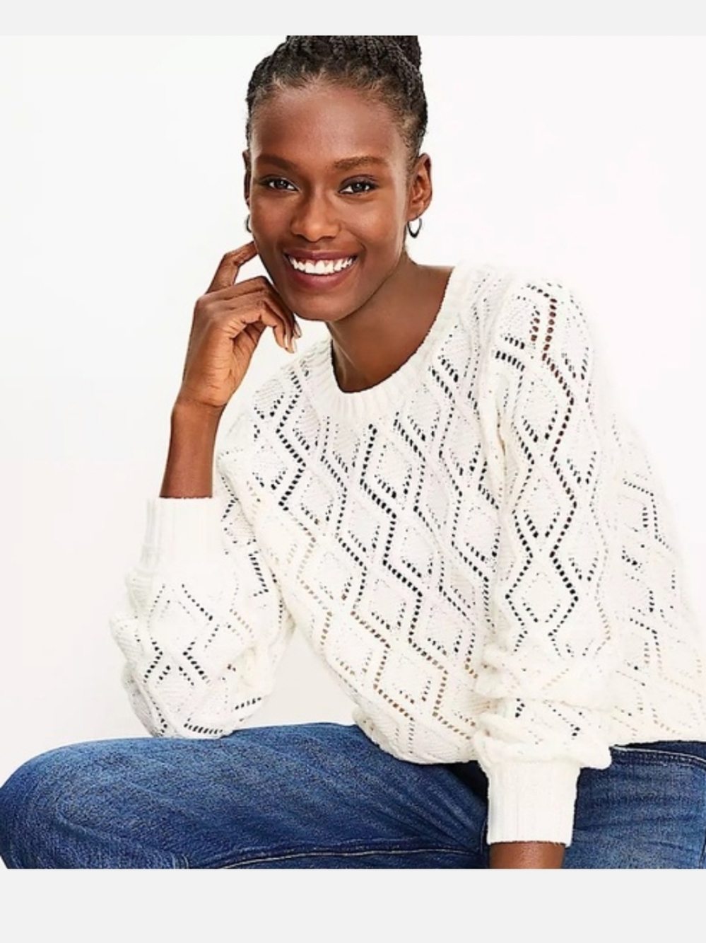 New Loft Open-Knit Crewneck Sweater in Ivory, LP